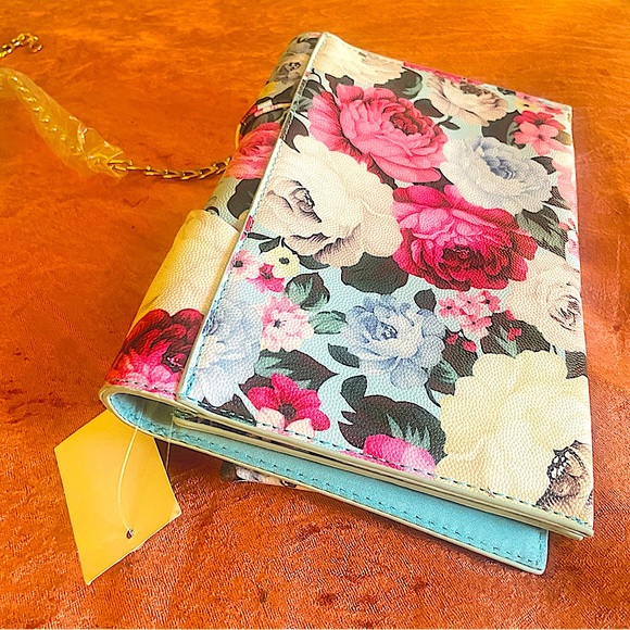 Pink & Blue Floral Bow Chain Strap Fold Over Medium Clutch Cross Body Bag - Picture 8 of 12